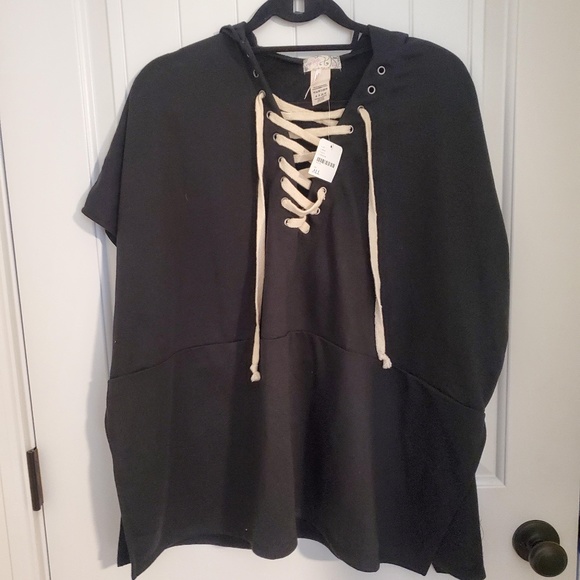 Free People Tops - NWT FREE PEOPLE BLACK PONCHO HOODIE W/LACE UP FRONT - SIZE OS